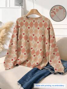 Vintage Academic Style Heart Print Long Sleeve Knit Sweater, Round Neck, Lightweight & Breathable, Casual & Work Wear, Elegant & Gentle Outfit For Spring/Summer - Multicolor - View 5