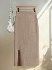 女士优雅中长半身裙休闲纯色连衣裙办公日常约会度假春夏 - 卡其色 - 查看 2