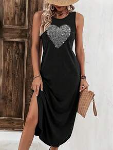 Sleeveless Tee Dress, Sparkling Heart Graphic Print, Casual Tank Dress For Women, Lightweight Polyester, Round Neck, Machine Washable, Spring & Summer Wear - 灰色 - 查看 6