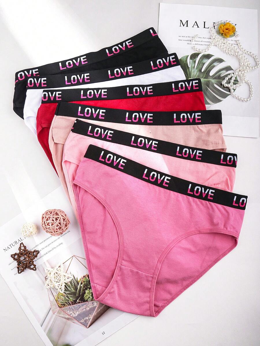 6 Pieces Of Mixed Color Mid Waist Pure Cotton Letter Waistband Underwear, Comfortable And Breathable, With Elastic Fit, Suitable For Women's Triangle Underwear Worn In Daily And All Seasons - 彩色 - 查看 1