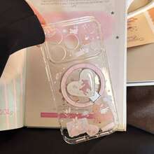 GUCADI Transparent Magnetic Pink Rabbit & Deer + Gold-Plated Deer Heart-Shaped Magnetic Stand Phone Case, Compatible With IPhone 17 Pro Max, 16, 13, 15, 17. Transparent Gold-Plated Magnetic Stand, Painting Style, Original Design, Girly, Creative, Geometric, Cartoon Style, Cute, Fresh, Niche, Ins Style. - Clear - View 8