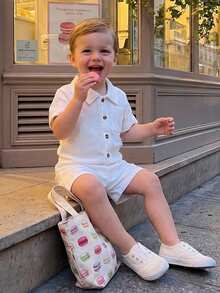 2Pcs Baby Boy Summer Outfits Short Sleeve Pocket Button Down Shirt + Shorts Set Toddler Clothes - 白色 - 查看 2