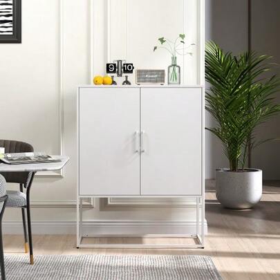 Dining Room Cabinet/Metal Locker With Two-Tier Shelves, Freestanding Steel Cabinet, Magnetic Suction Cup Door, Spill-Proof, For Living Room, Kitchen, Office, White, 109 Cm * 85 Cm * 40 Cm