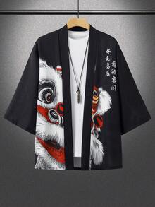 Áo khoác cardigan tay lửng 3/4 in hình sư tử thức tỉnh, kiểu kimono dáng rộng, nhẹ dành cho nam. - màu đen - Xem 6