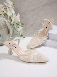 2026 Summer French White Mesh Embroidered Bridal Shoes, Lace Kitten Heels High Heels Sandals For Bride - Beige - View 6