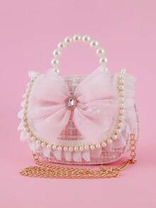 1pc Plus Size Rhinestone Mesh Bow & Beaded Ruffle Striped PU Material Flap Closure Fashion Pearl Handbag Semi-Circular Shape Sweet Chain Shoulder Crossbody Bag Snack Coin Purse Suitable For Holiday And Daily Use - Pink - View 1