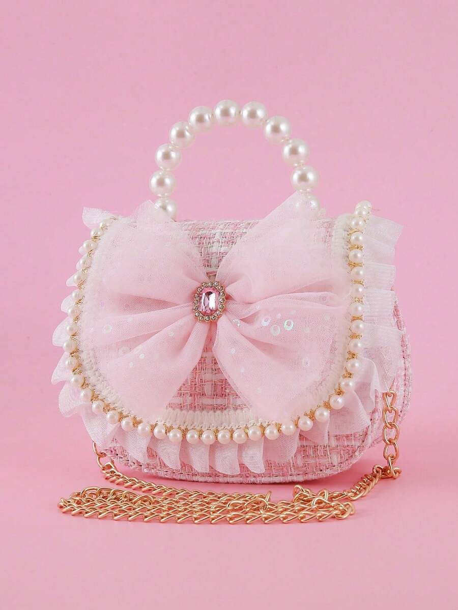 1pc Plus Size Rhinestone Mesh Bow & Beaded Ruffle Striped PU Material Flap Closure Fashion Pearl Handbag Semi-Circular Shape Sweet Chain Shoulder Crossbody Bag Snack Coin Purse Suitable For Holiday And Daily Use - Pink - View 1