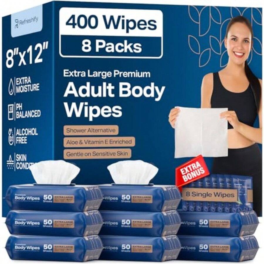 Wet Body Wipes For Adults Shower Alternative Bathing No Rinse Large 8" X 12" 400 Wipes 8 Packs Of 50 - Gói 400 cái - Xem 1