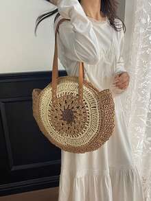 Túi tote tròn tối giản, dung tích lớn, túi đeo vai dệt kim thời trang mùa hè mới, túi đi biển thường ngày. - Cà phê - Xem 5