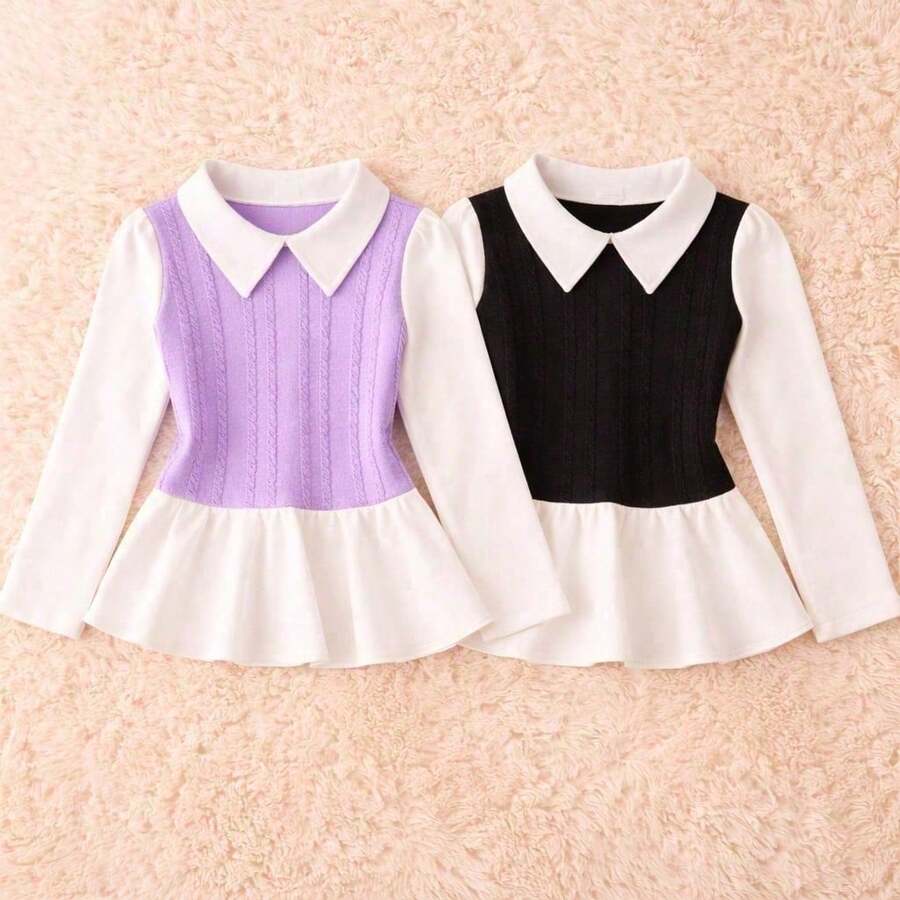 Girls' Long-Sleeved Blouse, For Bloggers, Cold Weather, Winter / Long-Sleeved Blouse - BLACK/LILAC - 2-pIECE KIT - View 1