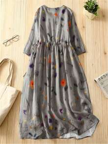 印花休闲优雅波西米亚风抽绳口袋中袖连衣裙，适合度假、日常穿着、花园漫步、春夏穿着 - 淺灰色 - 查看 2