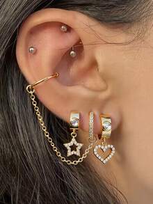 5pcs Cubic Zirconia Embedded Heart & Star Pendant Necklace & Earrings Set, Exquisite & Sparkling, Suitable For Women's Daily, Dating, Party, Music Festival Layering - Multicolor - View 1