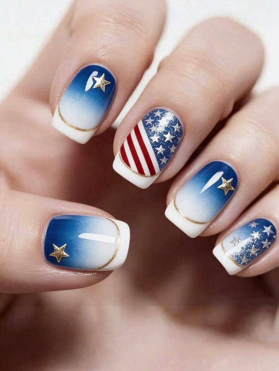 24 móng tay giả vuông cỡ trung bình kiểu Pháp, màu xanh dương và trắng kiểu Y2K, kiểu cờ Mỹ, móng tay giả acrylic tái sử dụng, phụ kiện làm móng giả, tặng kèm 24 miếng dán gel và một dũa mini. - Xanh đậm - Xem 1