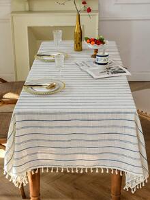 1pc American Retro Minimalist Polyester Linen Tassel Tablecloth, Heat-Resistant Rectangular Tablecloth Suitable For Kitchen, Dining Table, Coffee Table, TV Cabinet, Family Gathering, Outdoor Picnic - Multicolor - View 9