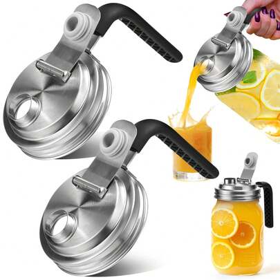 1 Peça Tampa de Jarra Mason de Aço Inoxidável com Alça, Tampa Inclinável de Boca Larga, Tampa Vedada à Prova de Vazamentos, Adequada para Jarras Mason, Bebidas, Molhos de Salada e Armazenamento de Alimentos