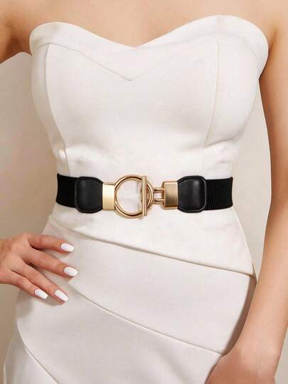 Fashionable Gold Buckle Elastic Waist Belt, Versatile Minimalist Waist Cincher For Dresses, Casual, Party, Cute, Sexy, Elegant, All Seasons