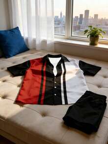 2pcs/Set Plus Size Men's Casual Striped Patchwork 3D Print Short Sleeve Button-Down Shirt And Shorts Summer Outfit, Suitable For Dates, Beach, Vacation - Multicolor - View 4