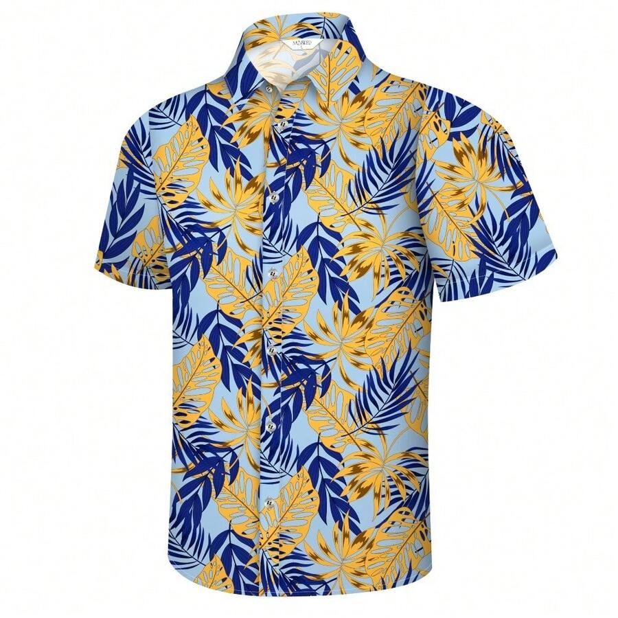 Hawaiian Shirt For Men Tropical Shirts Summer Beach Button Down Short Sleeve Luau Aloha Floral Cruise Vacation Outfit 2026 - 棕櫚黃藍 - 查看 1