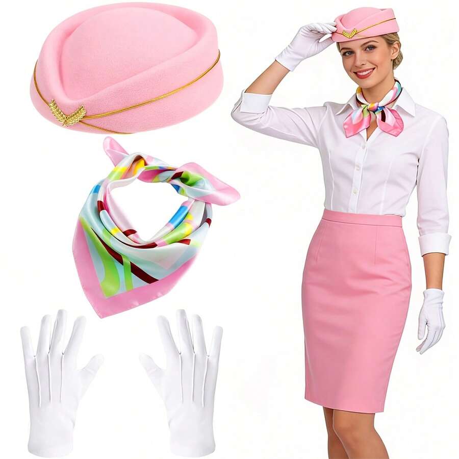 三件套空姐服装套装 - 包括帽子、围巾和手套，优雅的角色扮演服装，适合节日、角色扮演、主题派对、嘉年华和化装舞会。 - 彩色 - 查看 1