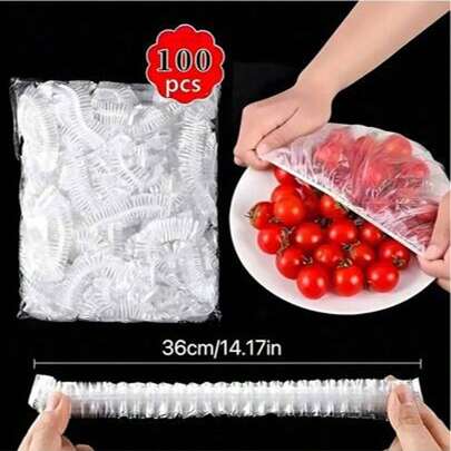 100pcs/Pack Disposable Plastic Wrap Set And Disposable Shower Cap Set, Suitable For Covering Food Containers, PE Material, Easy To Store, Odor Proof, Kitchen Essential, Father's Day Gift