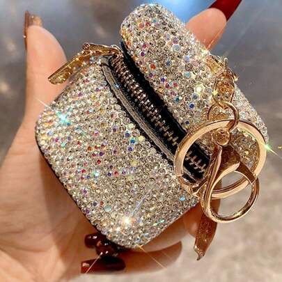 1个奢华闪亮水钻无线耳机收纳袋，带钥匙扣，便携式零钱包，送给女朋友、闺蜜的礼物