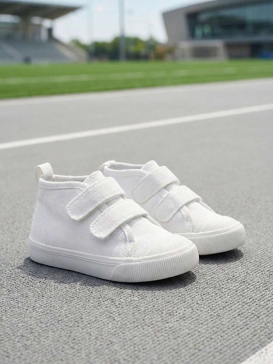 1 Pair Unisex Toddler Solid Canvas Sneakers Double Hook & Loop Closure Round Toe Low Top Flat Casual Shoes Classic Versatile Footwear For Kindergarten PE Class Daily Summer Walking Shoes - White - View 1