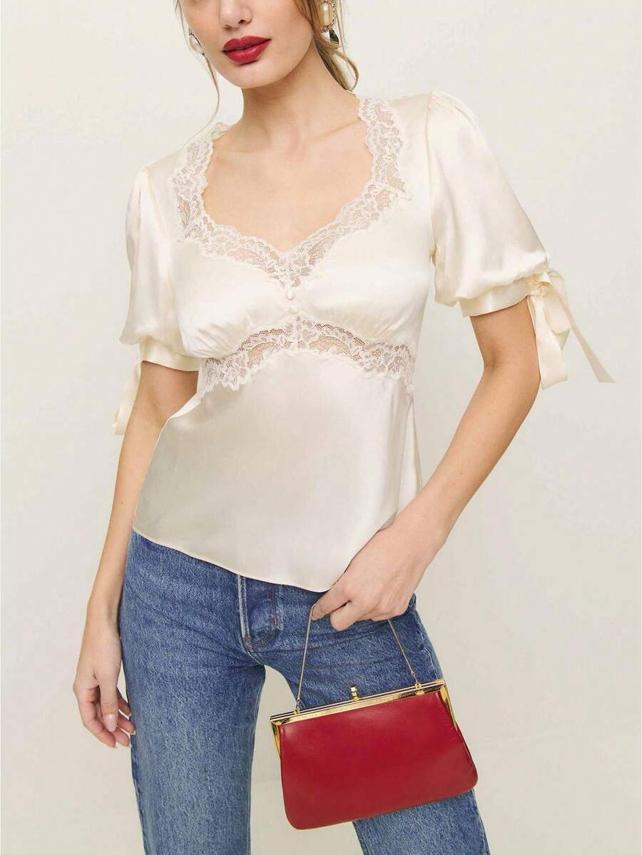 Womens Summer Satin Tops Lace Patchwork Short Puff Sleeves V-Neck Blouse With Adjustable Ribbon Ties - 香檳色 - 查看 1
