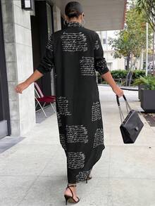 1 chiếc đầm sơ mi dài tay dáng rộng in họa tiết thời trang dành cho nữ, kiểu dáng thanh lịch thường ngày, màu đen, thích hợp cho mùa xuân. - màu đen - Xem 10