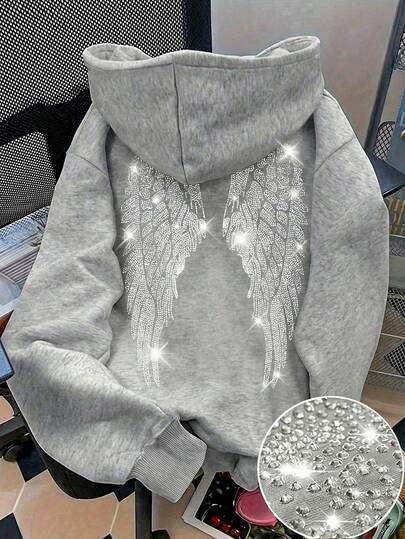 Felpa da con strass e ali glitterate, felpa carina da donna per l'autunno, casual per il ritorno a scuola
