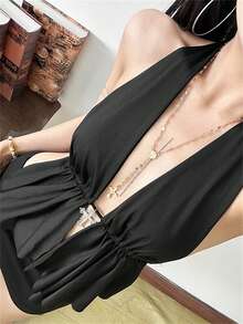 Áo hai dây Kliou Hot Girl dành cho nữ, hở lưng, cổ chữ V sâu, gợi cảm, không tay, thích hợp mặc đi club, đi biển, nghỉ mát, dự tiệc, màu đen. - màu đen - Xem 4