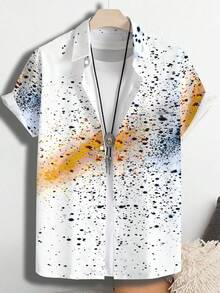 Abstract Paint Splatter Pattern Symbolizes Creative Freedom And Energetic Expression Mixing Orange Blue And Black Hues Against White Background 3D Print Men's Casual Short Sleeve Button Down Shirt - White - View 4