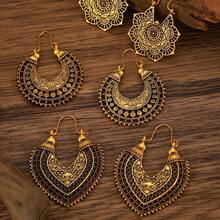 3/4 Pairs Of Fashionable New Vintage Distressed Western-Style Bohemian Hollow Floral Geometric Line Earring Sets Suitable For Women's Daily Wear - 金黃色2 - 查看 8