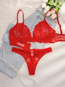 1套女士红色蕾丝钢圈舒适文胸套装 - 紅色 - 查看 2