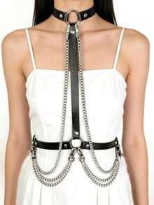 1 chiếc thắt lưng kiểu Bondage mới về, kiểu dây xích nhiều lớp phong cách Châu Âu và Mỹ, thắt lưng eo gợi cảm khoét rỗng với trang trí kim loại và tua rua, phụ kiện thời trang phù hợp cho các dịp lễ, biểu diễn, tiệc tùng và mặc hàng ngày. - màu đen - Xem 2