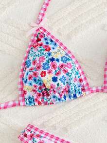 女士格子碎花吊带比基尼套装，乡村风格子碎花拼接吊带露背泳衣，饰有蝴蝶结，休闲沙滩度假女士泳装，透气弹力面料，适合海滩、音乐节、狂欢节、情人节等场合，女士沙滩装，夏季女士比基尼沙滩装，女士泳衣，夏季度假装 - 彩色 - 查看 5