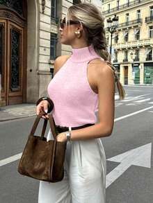 Women's Solid Color Stand Collar Casual Versatile Knit Top For Daily Wear Pink Summer - Pink - View 4