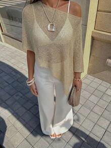 Summer New Women's Solid Color Ribbed Light Apricot Knit Cardigan, Asymmetric Hem Design, Fine Shiny Texture Knit, Lightweight & Breathable, Slightly Loose Fit Suitable For Various Body Types, Vacation & Beach Casual Style Top - 卡其色 - 查看 7