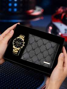 Bộ quà tặng, quà cưới, quà sinh nhật, quà Giáng sinh, quà tặng cho người yêu, cha, thầy cô, quà họp mặt thường niên công ty, nhân viên, doanh nhân, đồng hồ thạch anh thời trang cổ điển + ví + hộp quà - Vàng - Xem 5