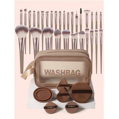 37件套化妆工具套装，包括：30支化妆刷套装+1个多功能防水拉链化妆包+2个三角粉扑+2个气垫粉扑+1个化妆刷清洁工具+1个圆形粉扑