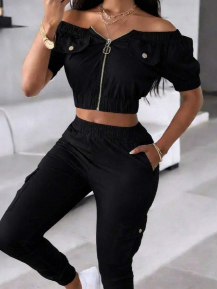 Women's Solid Color Off-Shoulder Zipper Front Cropped Top And Pants Set Black Elegant Summer - Black - View 1