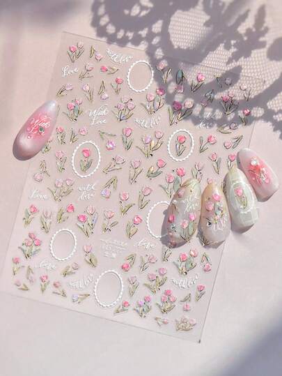 1pc 3D Embossed Nail Sticker, Trending Romantic Tulip Nail Art Decals, Spring Floral DIY Self-Adhesive Nail Decoration