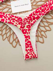 2pcs/Set Leopard Print Sexy Lace-Up Backless Swimwear Bikini, Suitable For Vacation, Beach, Stage Performance & Concert In Summer - Hot Pink - View 4