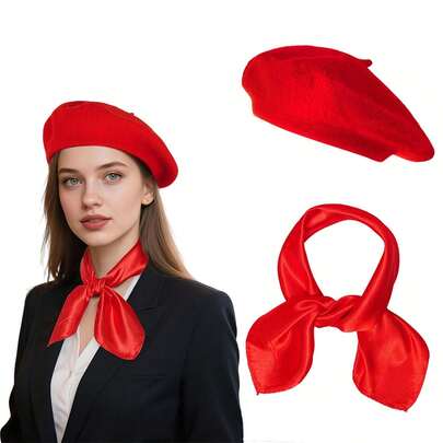2pcs Women's French Beret & Scarf Set, Beret, Scarf, Suitable For Adult Costume Parties, Daily Wear, Party Accessories, Great Gift
