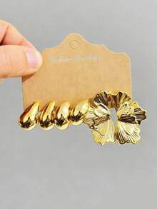 6/18pcs Gold-Tone Fashion Earring Set For Women, Includes Left & Right Ear Flowers, Teardrop, Small C-Shape Designs, Stylish & Elegant, Suitable For Daily, Party, Gift For Best Friend, Mother - Gold - View 3
