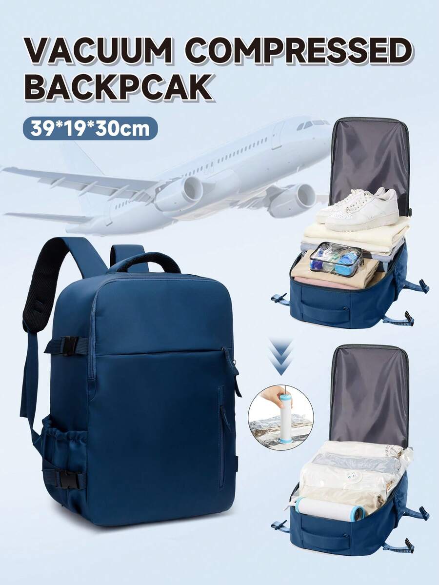 Wizz Air Ryanair联名款登机背包，尺寸40x20x30厘米，配有真空压缩袋和手动充气泵，设有鞋袋、可折叠座椅和机舱收纳袋，适合短途旅行，男女通用简约设计，登机包，返校礼物