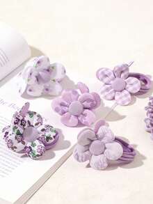 5pcs Cute Floral Hair Scrunchies, Daily Hair Accessories For Girls, Spring - Purple - View 4