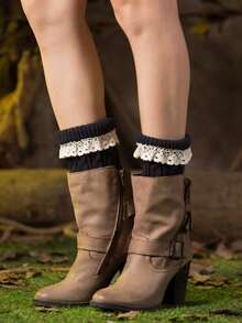 Of Lace Leg Covers Paired With Covers For Boots Warm Leg Protection Women's Autumn And Winter Short Knitted With Pleated Lace, Cozy - Cà phê nâu - Xem 5