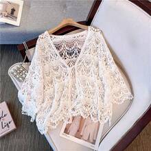 Women's Apricot Tie-Front Cardigan, Hollow Out 3/4 Sleeve Shawl Lace Coverup Vacation White Summer - White - View 3