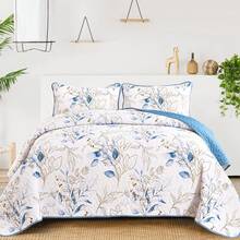 3 Pieces Blue Microfiber Farmhouse Leaf Queen King Double Size Bedspread Coverlet Bedding Sets (1 Quilt + 2 Pillow Cases), Fashion Leaf Design, Fresh & Minimalist, Comfortable Soft Breathable, Suitable For Wedding Items, Valentines Day Home Bed Room Decor, Mothers Day Gift, All Season - blue01 - 查看 2