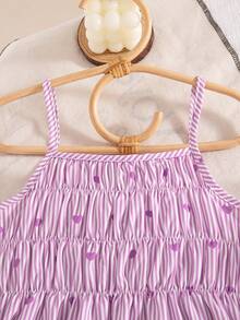 2pcs Girls Casual Striped Heart Print Decor Spaghetti Strap Vest And Elastic Waist Shorts Set, Spring/Summer - Purple - View 3